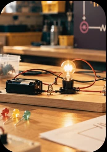 A hands-on electric circuit with a glowing bulb