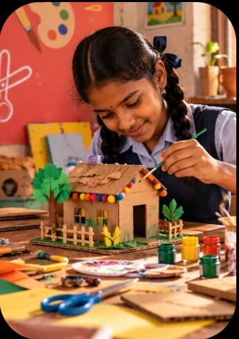 A student making a colourful model house