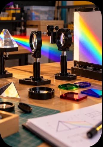 Prisms and lenses splitting light into a rainbow