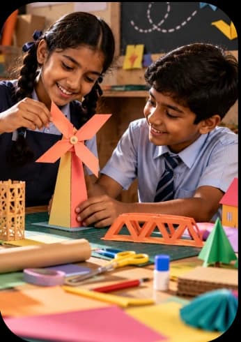 Students building a paper windmill and bridge
