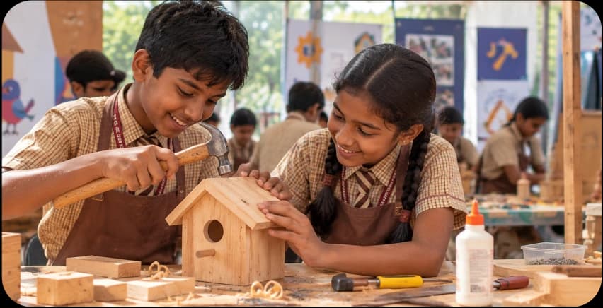 Students building a wooden birdhouse with hand tools